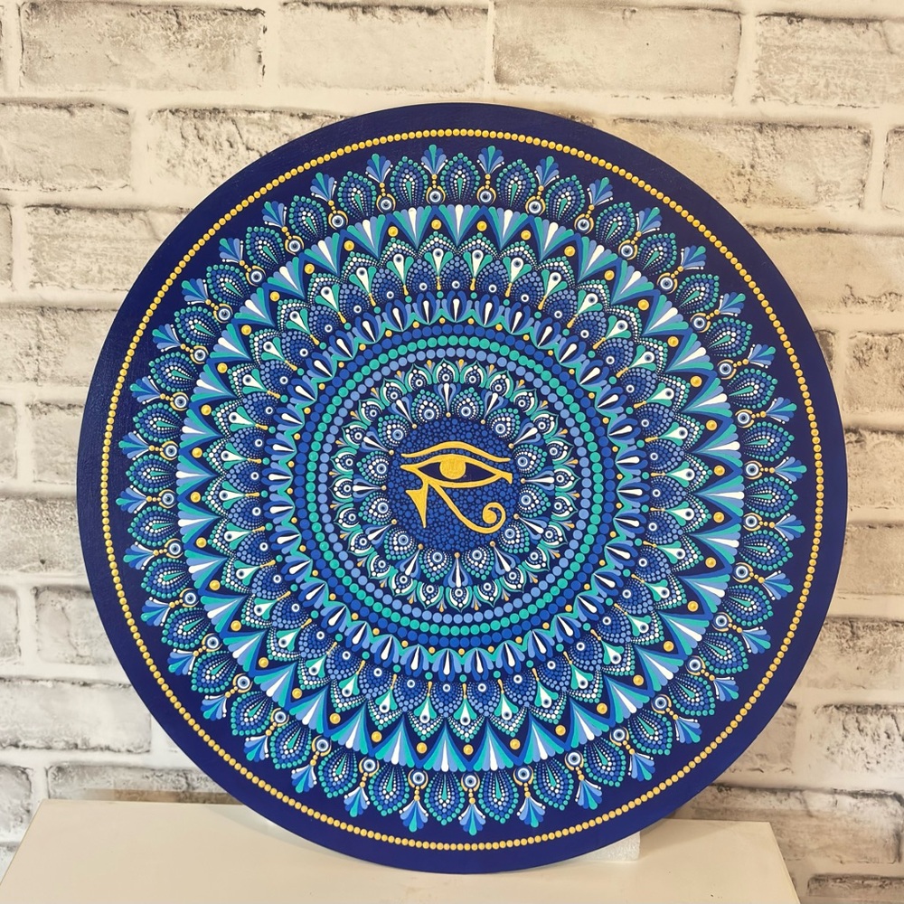 Guardian Blue.  Eye of Horus Large Mandala 45 cm. Hand Painted Dot Art Mandala.